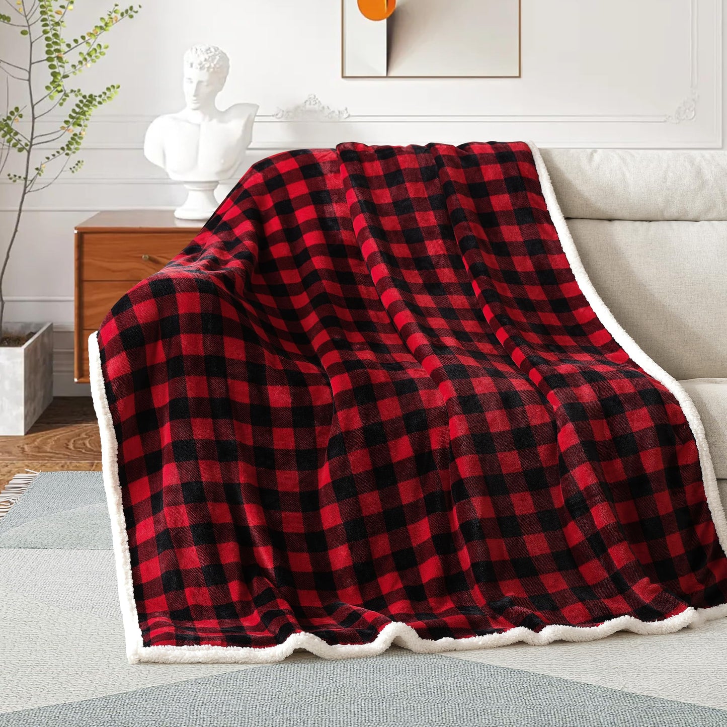 BEAUTEX Christmas Sherpa Fleece Throw Blanket, Super Soft Warm Buffalo Plaid Plush Blankets and Throws, Warm Winter Cozy Fuzzy Blanket for Couch Sofa Bed (Red, 50" x 60")