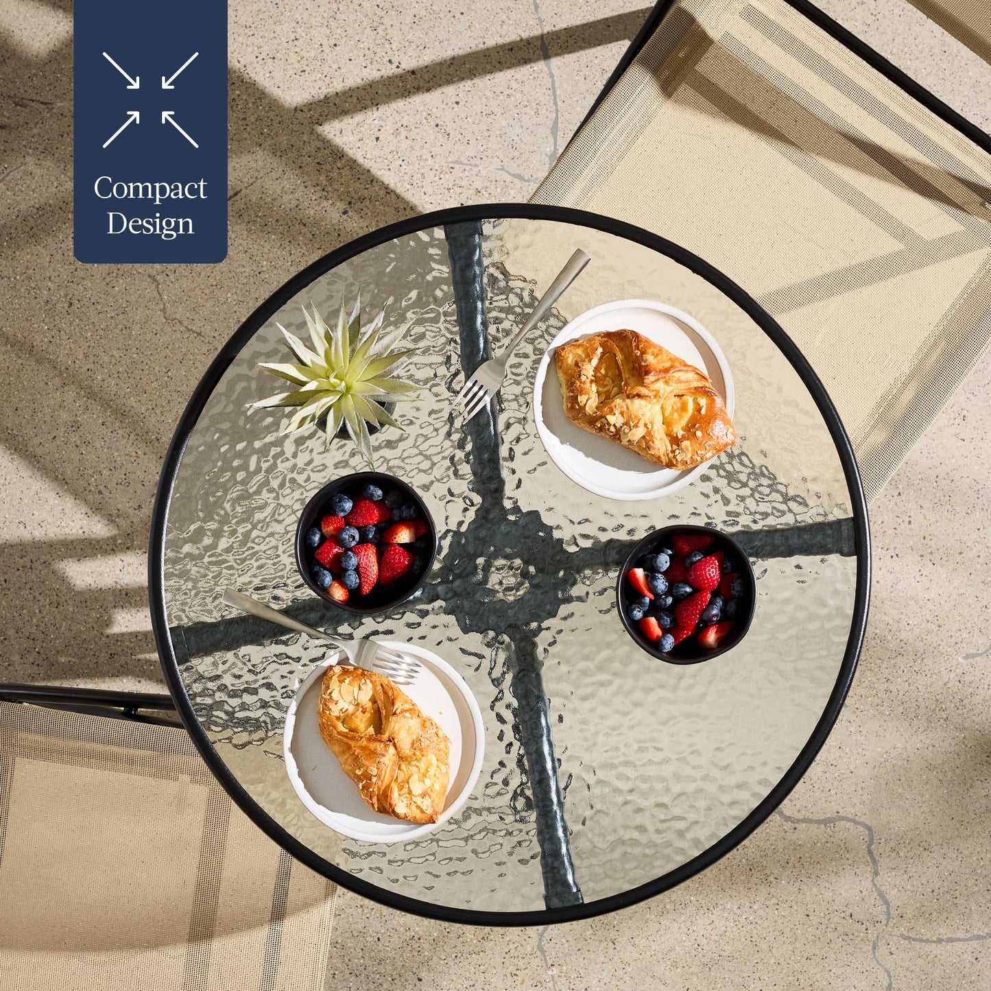 Best Choice Products 3-Piece Patio Bistro Dining Furniture Set w/Textured Glass Tabletop, 2 Steel Folding Chairs, Polyester Fabric - Beige