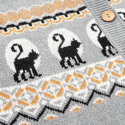 Women's Fall Halloween Black Cat Graphic Cardigans Sweater Winter Button Down Knit Long Sleeve Coats(XL,Grey-Cat)