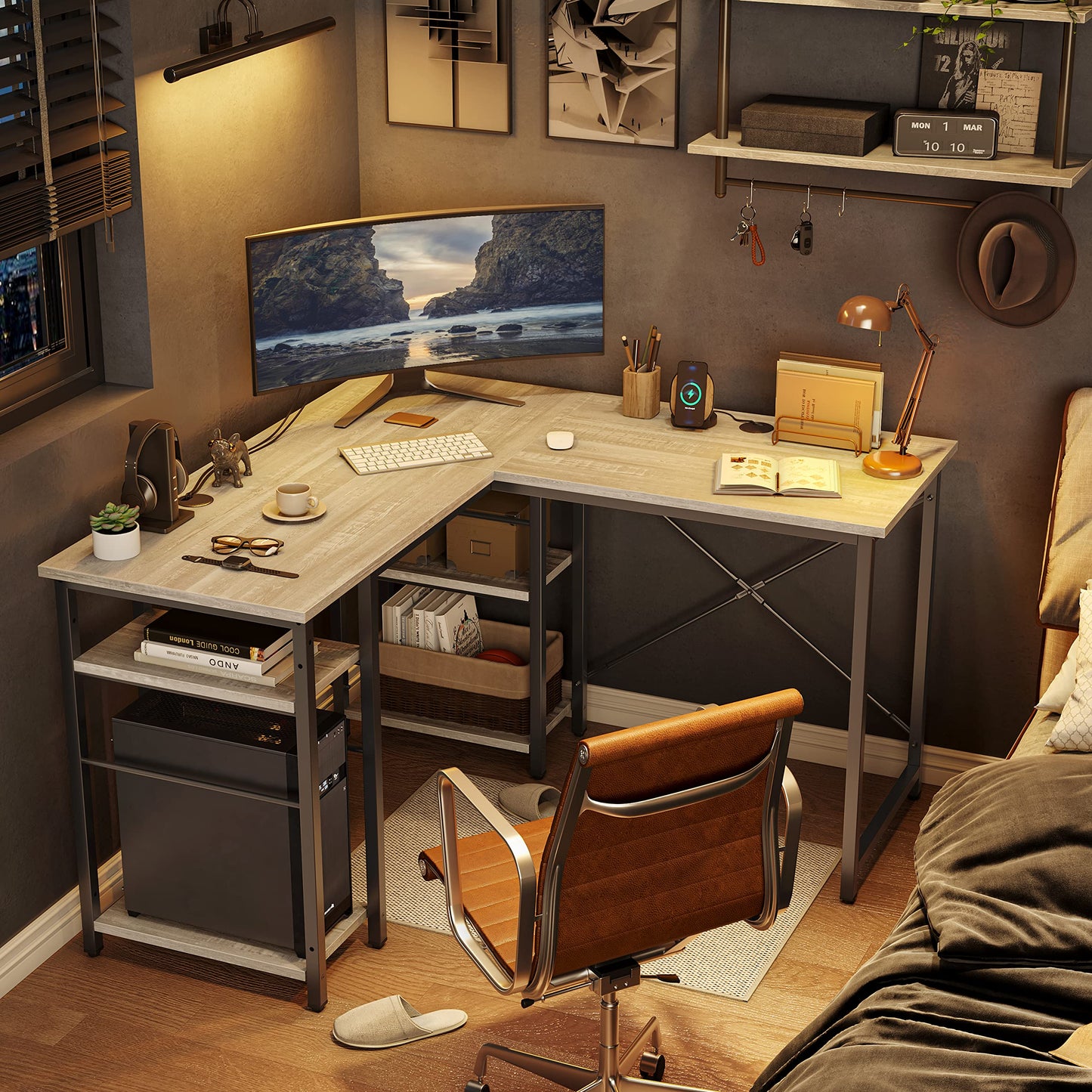 Bestier L Shaped Desk with Shelves 75 Inch Reversible Corner Computer Desk or 2 Person Long Table, Writing Study Desk for Home Office Small Space Bedroom Apartment, Wash White