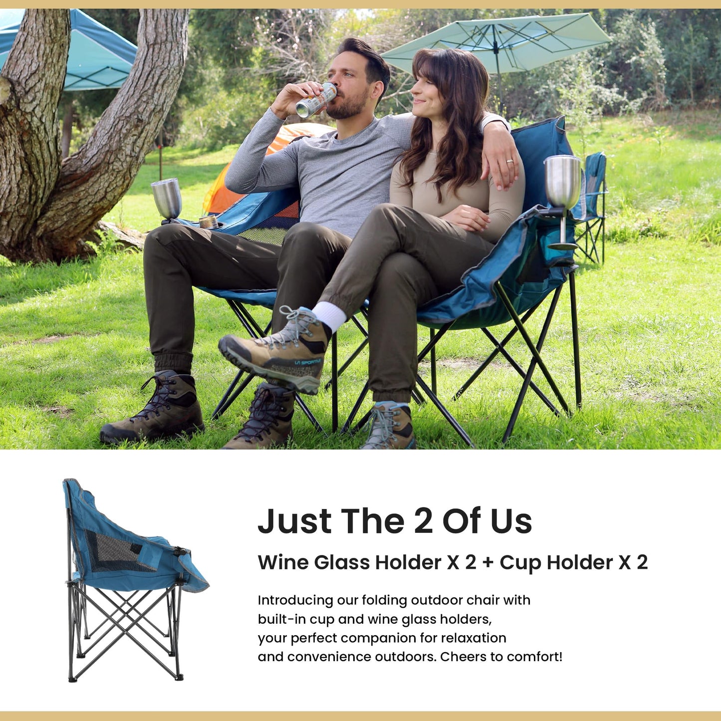 ARROWHEAD OUTDOOR Portable Folding Double Duo Camping Chair Loveseat w/ 2 Cup & Wine Glass Holder, Heavy-Duty Carrying Bag, Padded Seats & Armrests, Supports up to 500lbs, USA-Based Support