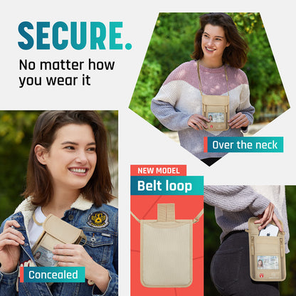 Alpha Keeper Neck Wallet, Travel Pouch For Passport Holder And Documents, RFID Blocking, Beige, Unisex Adult, Travelers, Adults