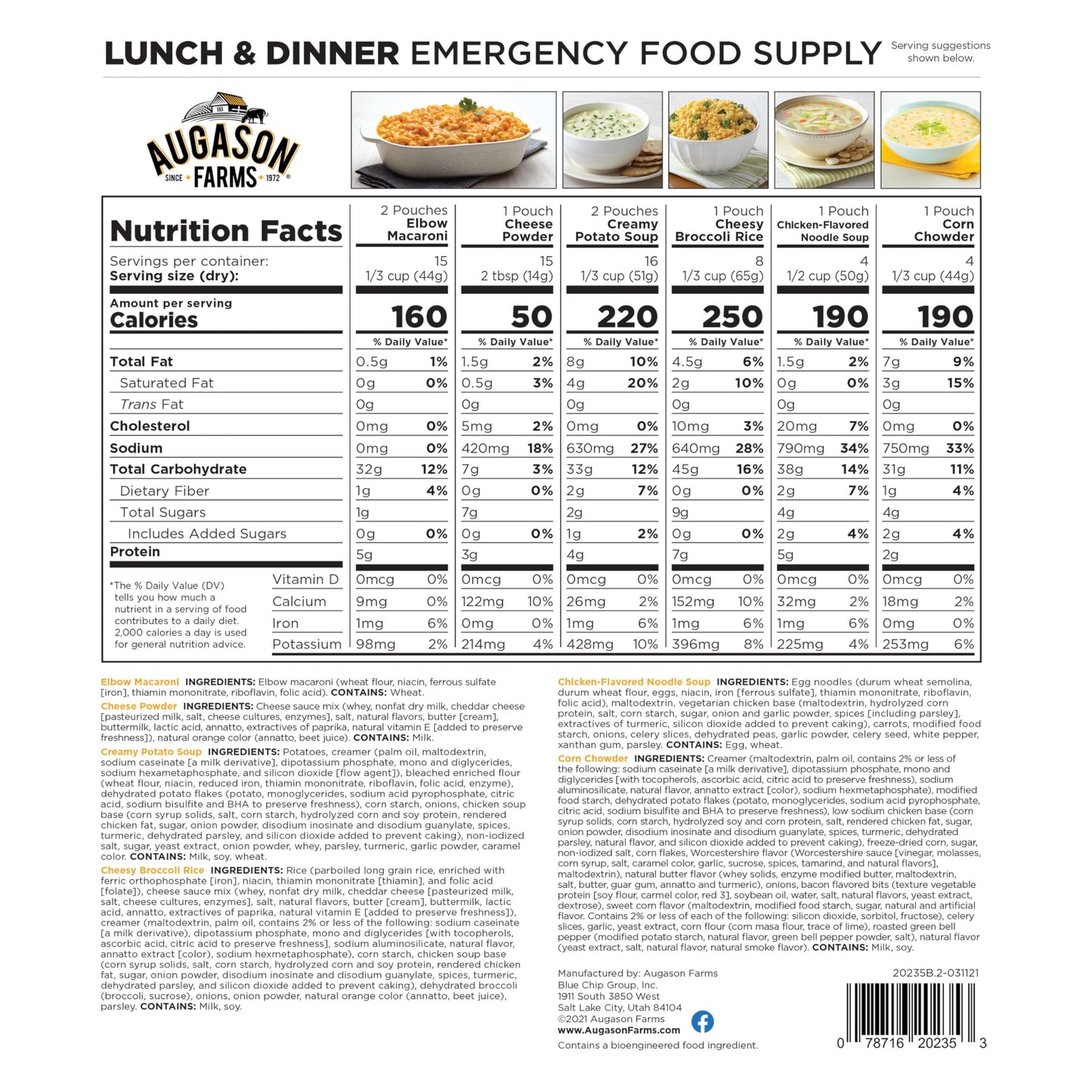 AUGASON FARMS Emergency Food Supply Bucket, 92 Servings, Dehydrated Meal Kit, Variety Pail, Long Shelf Life Just-Add-Water Meals for Disaster Survival Prep, Camping, Hiking, and More