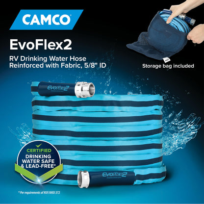Camco EvoFlex2 25-ft Drinking Water Hose - RV Drinking Water Hose Reinforced with Fabric & Ultra Lightweight - Contains No Lead, No BPA & No Phthalate - Abrasion Resistant (22577)
