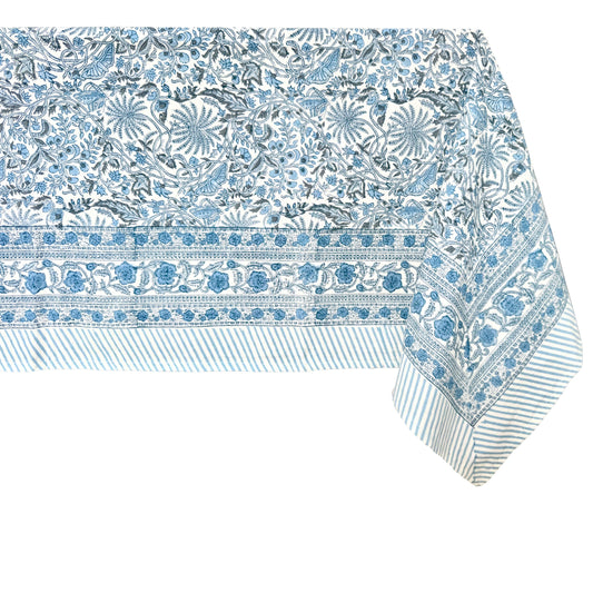 ATOSII Butterfly Blue 100% Cotton Rectangle Summer Tablecloth, Handblock Floral Print Linen Table Cloth for Kitchen Dining I Parties, Weddings, Outdoors, Decor 60 X 108 Inches, 8 Seater