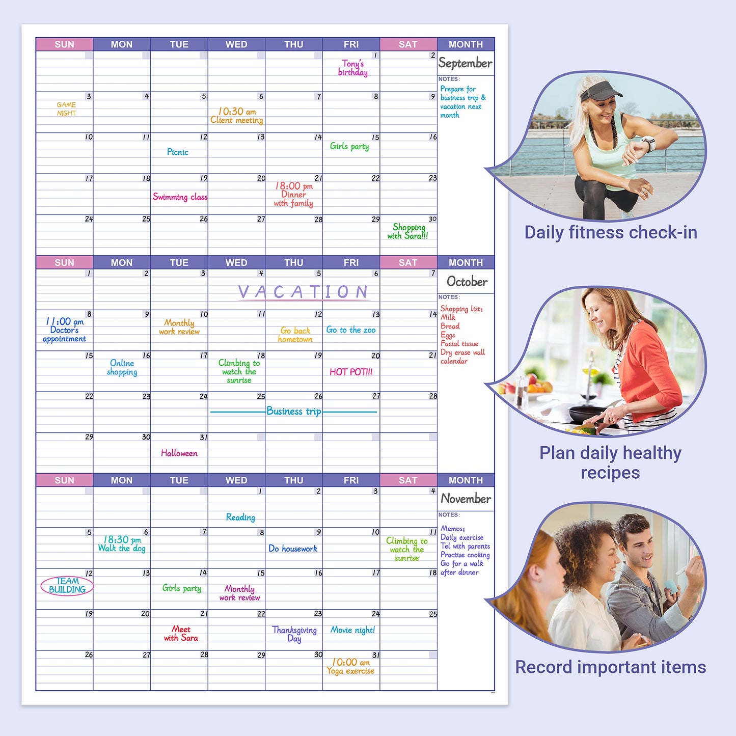 BooQool Large Dry Erase Calendar for Wall - Undated 3 Month Calendar, 27.7'' x 40'', Erasable & Reusable Laminated White Board with 8 Round Stickers, Vertical Layout Home, Office and School