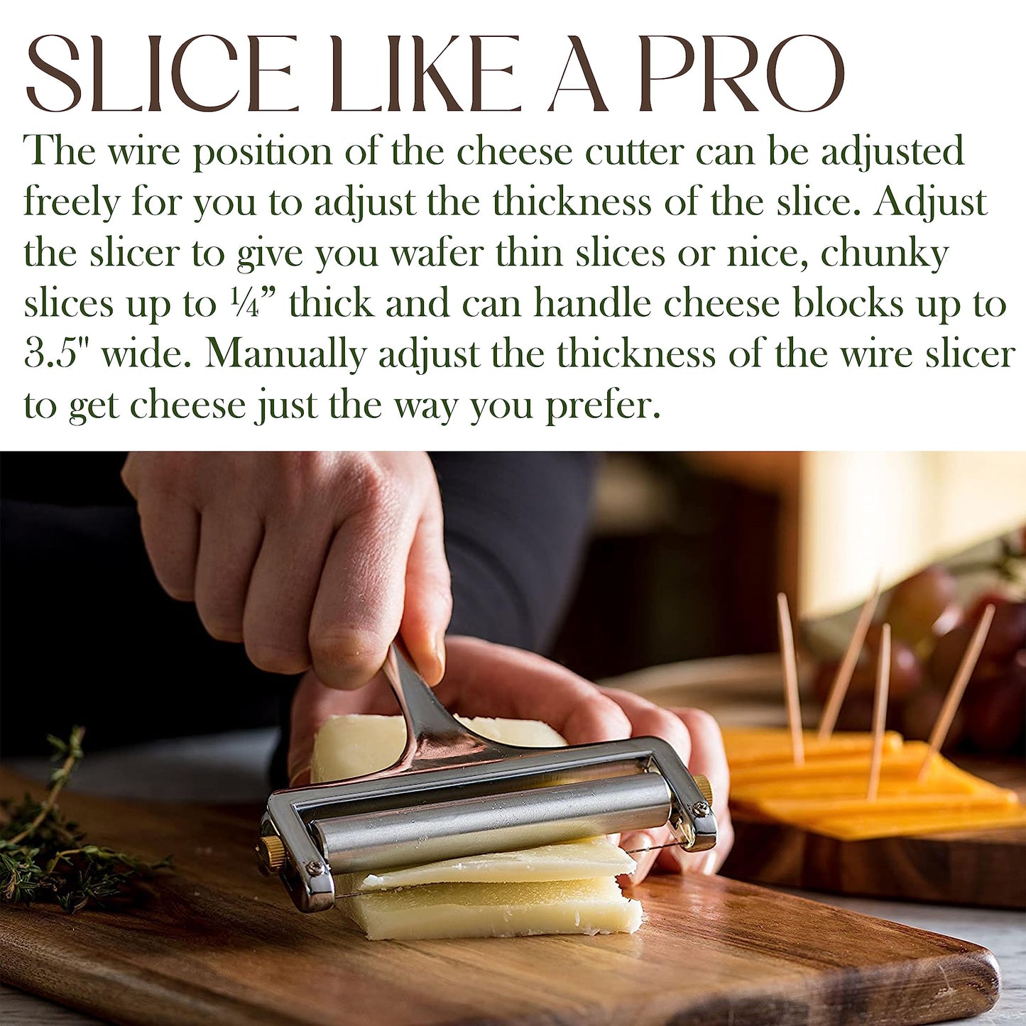 Bellemain Stainless Steel Wire Cheese Slicer - Hand Held Cutter for Cheddar, Gruyere, Raclette, Mozzarella Block, Adjustable Shaver, Thick & Thin Slicer, Curler (Silver)