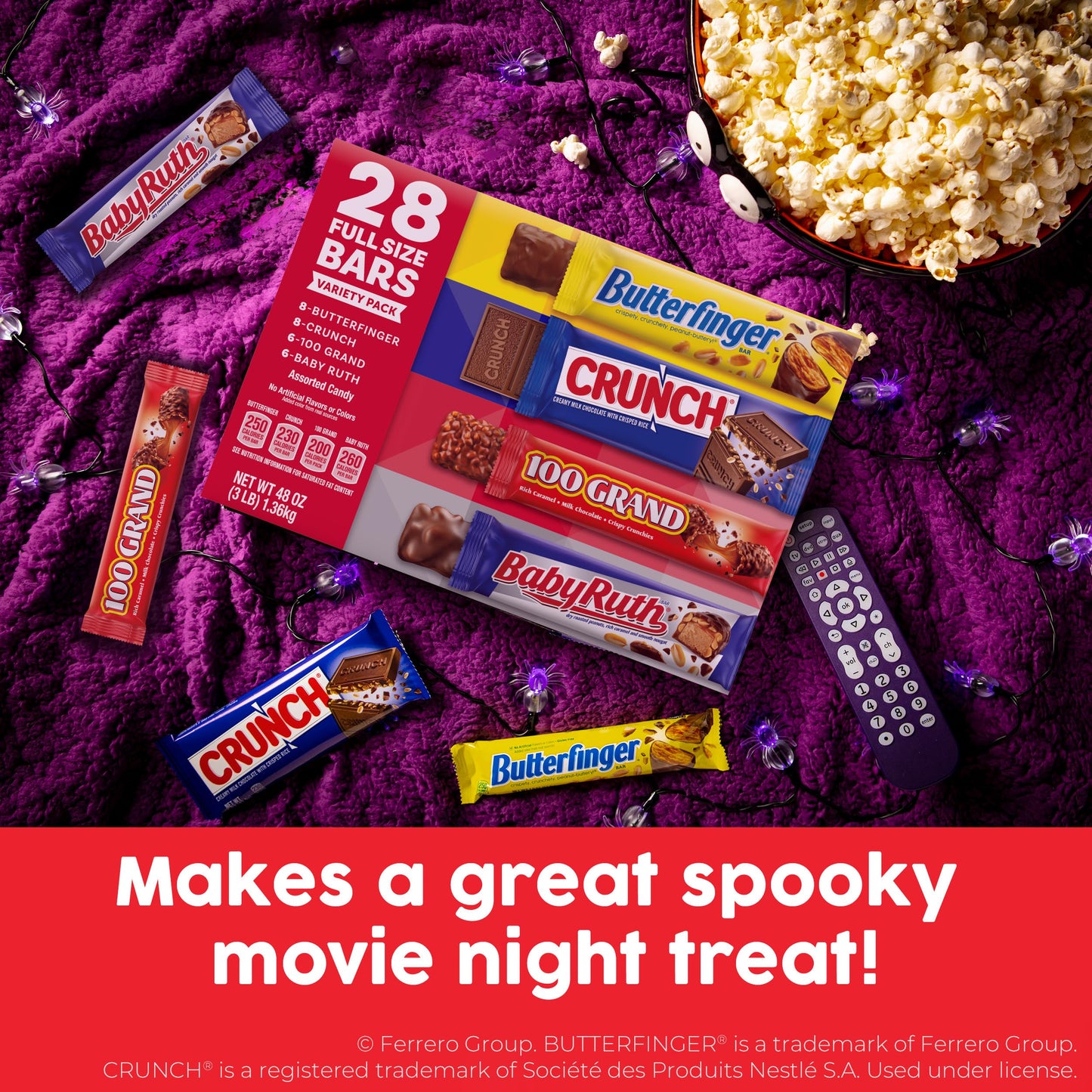 Butterfinger, CRUNCH, Baby Ruth, 100 Grand, Assorted Bulk Candy Bar Variety Pack Full Size, 28-Count, 48 oz