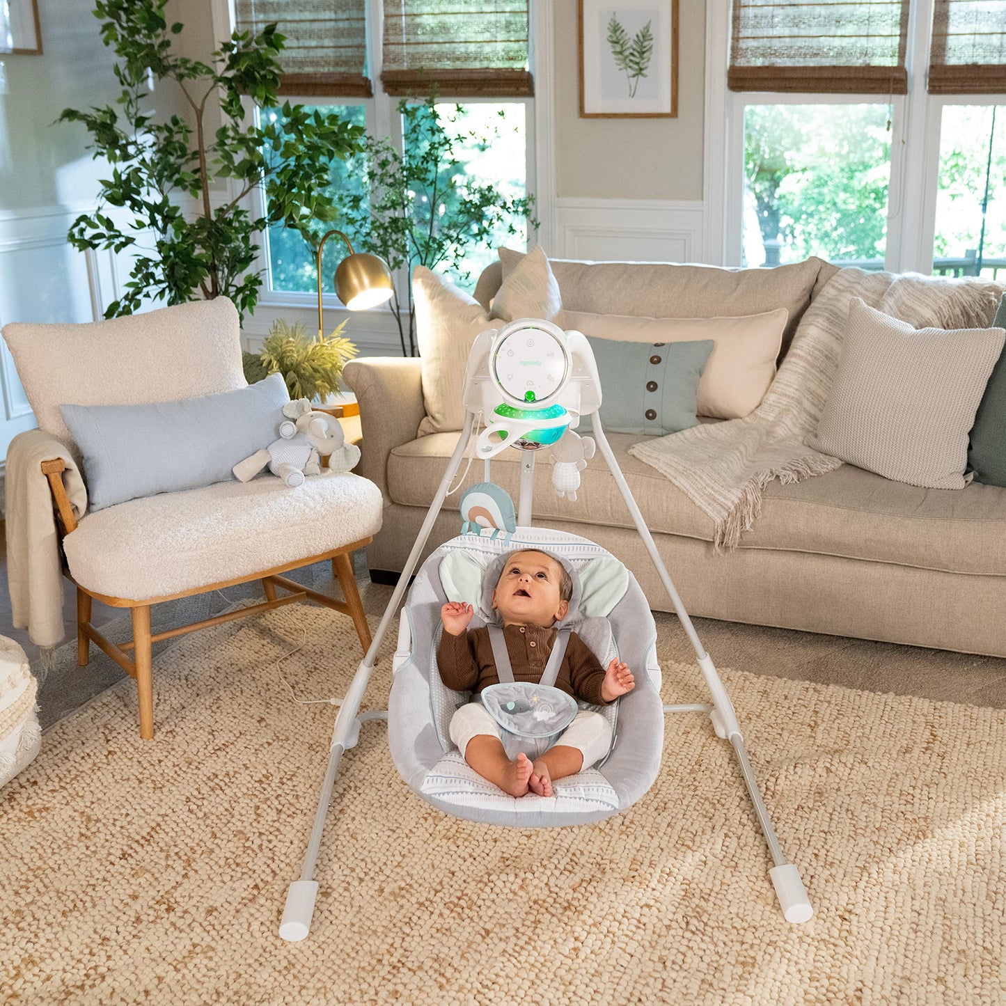 Ingenuity InLighten 5-Speed Baby Swing - Swivel Infant Seat, 5 Point Safety Harness, Nature Sounds, Lights - Van Elephant