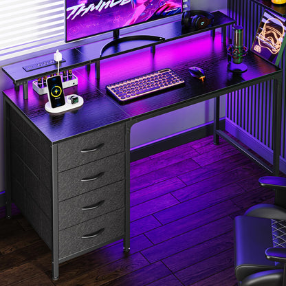 Huuger 47 Inch Computer Desk with Power Outlets and LED Lights, Gaming Desk with 4 Drawers, Office Desk with Monitor Stand, Study Work Home Office, Small Spaces, Black