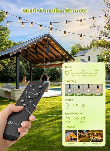 Brightown 58FT Solar String Lights Outdoor with Remote Cable Ties and Hooks, Commercial Grade Patio Lights with 26 LED Shatterproof Bulbs, 3 Light Modes Hanging Light for Backyard Party Decor