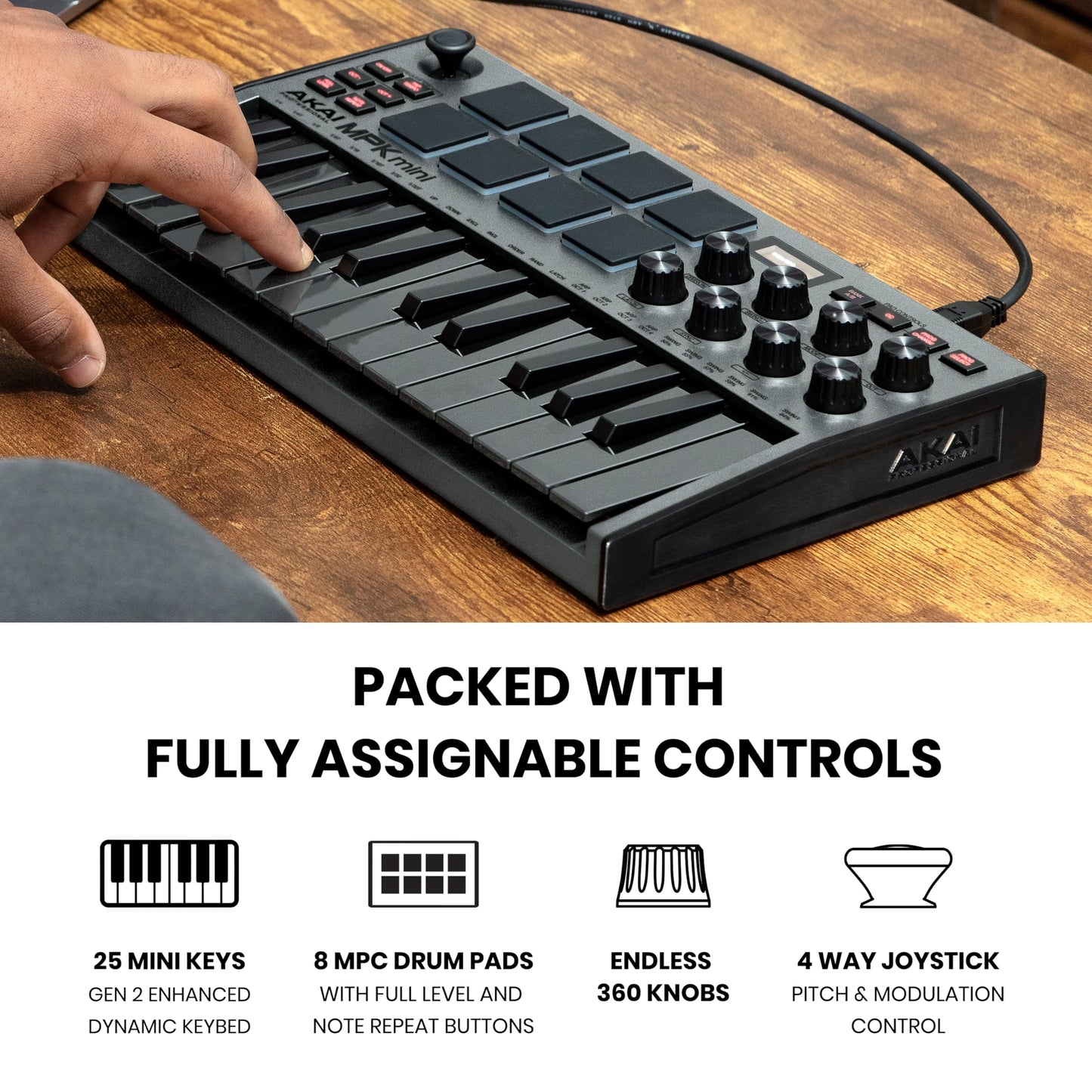 Akai Professional MPK Mini MK3 - 25 Key USB MIDI Keyboard Controller With 8 Backlit Drum Pads, 8 Knobs, Music Production Software and Native Instruments Sound Package (NKS Integration), Grey