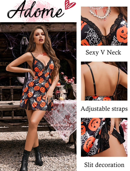 ADOME Sexy Lingerie for Women Satin Nightgown Lace Halloween Costumes (Medium, Floral Pumpkin)