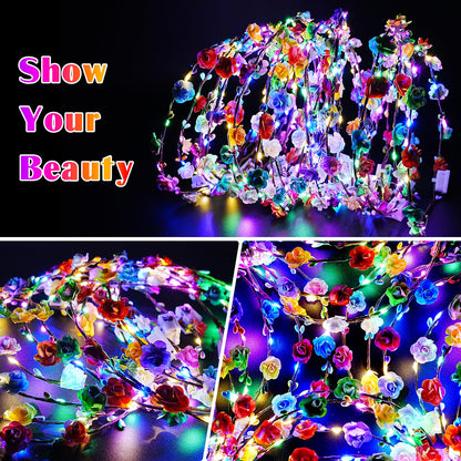 HONLYNE 24 PCS LED Flower Crowns Headbands, Light Up Flower Crowns for Women & Girls, Glow in The Dark Flower Hairbands Wreath for Wedding Beach Party Birthday Cosplay Gifts, Halloween, Christmas