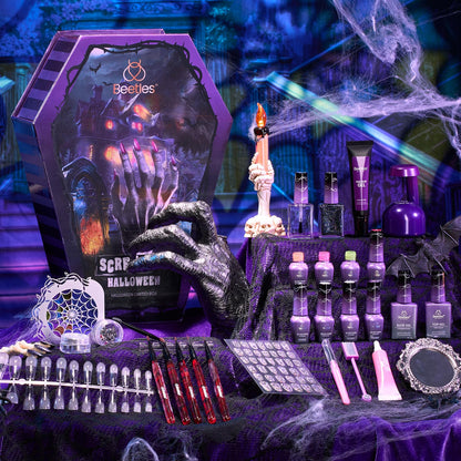 beetles Scream On Halloween Limited Box, Halloween Gel Polish Kit with UV Light, Black Orange Dark Purple Cat Eye Polish With Nail Tips Nail Sticker Manicure Kit Salon DIY Nail Art Gift Set