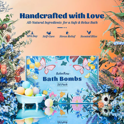 54 Pack Handmade Bath Bombs – 11 Vibrant Colors & 9 Unique Scents, Long-Lasting Fizzy Bubbles & Colorful Magic, 7-Minute Dissolve for Relaxation, Perfect for Birthdays & Summer Self-Care