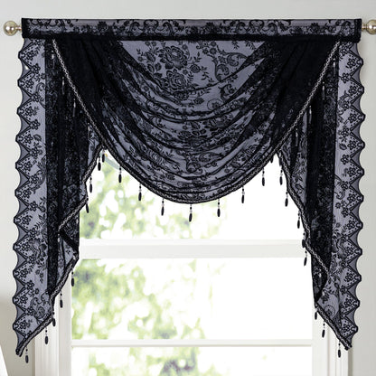 Huierxun Halloween Black Lace Waterfall Window Valance with Bead Tassels Floral Embroidered Valance Curtains Semi Sheer Rod Pocket Valance/Swags for Bedroom/Living Room/Kitchen/Basement(Black,39"x41")