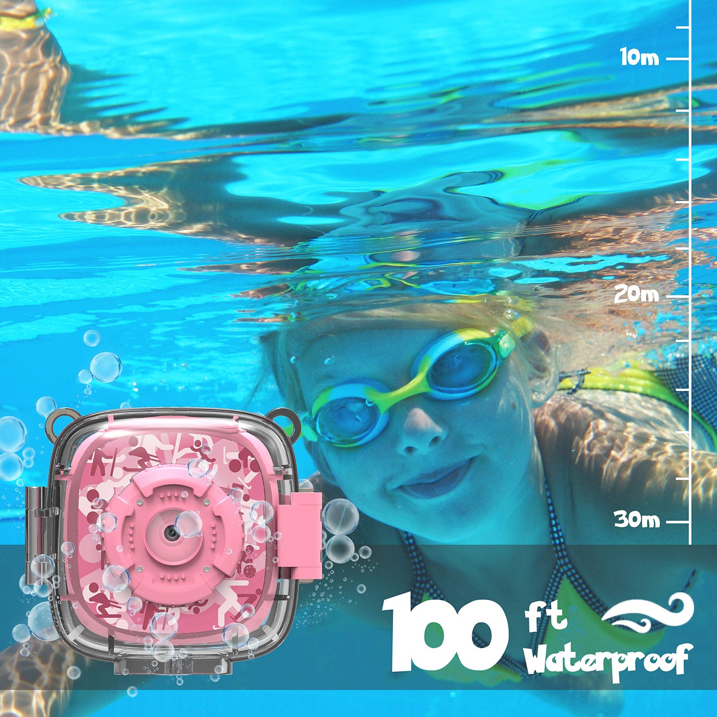 AKAMATE Kids Action Camera Waterproof Video Digital Children Cam 1080P HD Sports Camera Camcorder for Boys Girls, Build-in 4Games, 32GB SD Card (Pink)