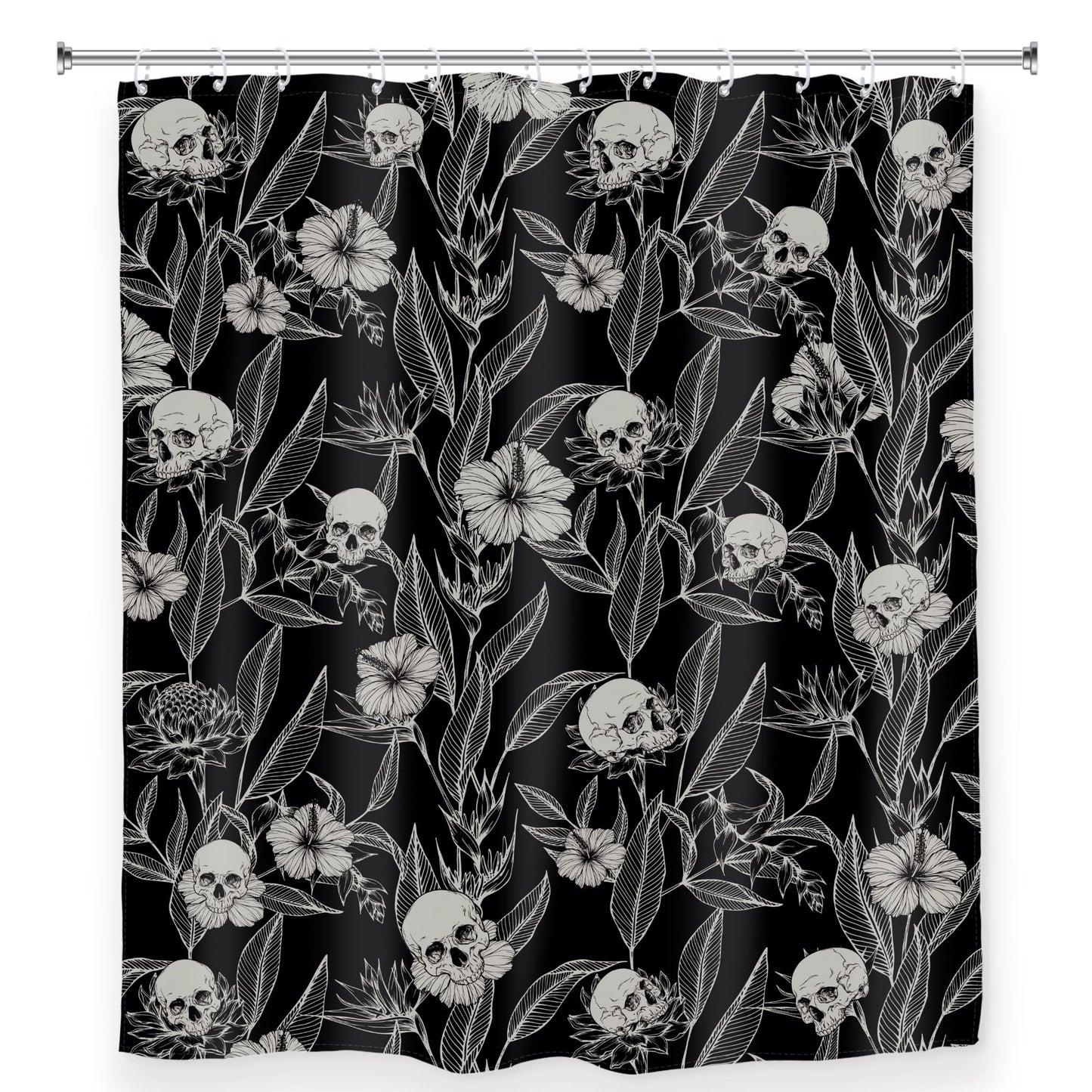 AMBZEK Black Skull Floral Shower Curtain 72Wx72L Inch Men Gothic Spooky Skeleton Goth Flower Leaves Halloween Cool Artwork Cloth Fabric Waterproof Polyester Bathroom Decor Set with 12 Pack Hooks