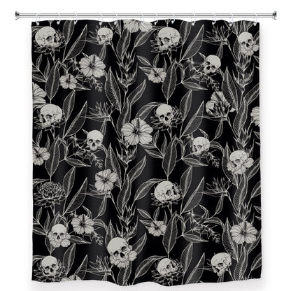 AMBZEK Black Skull Floral Shower Curtain 72Wx72L Inch Men Gothic Spooky Skeleton Goth Flower Leaves Halloween Cool Artwork Cloth Fabric Waterproof Polyester Bathroom Decor Set with 12 Pack Hooks