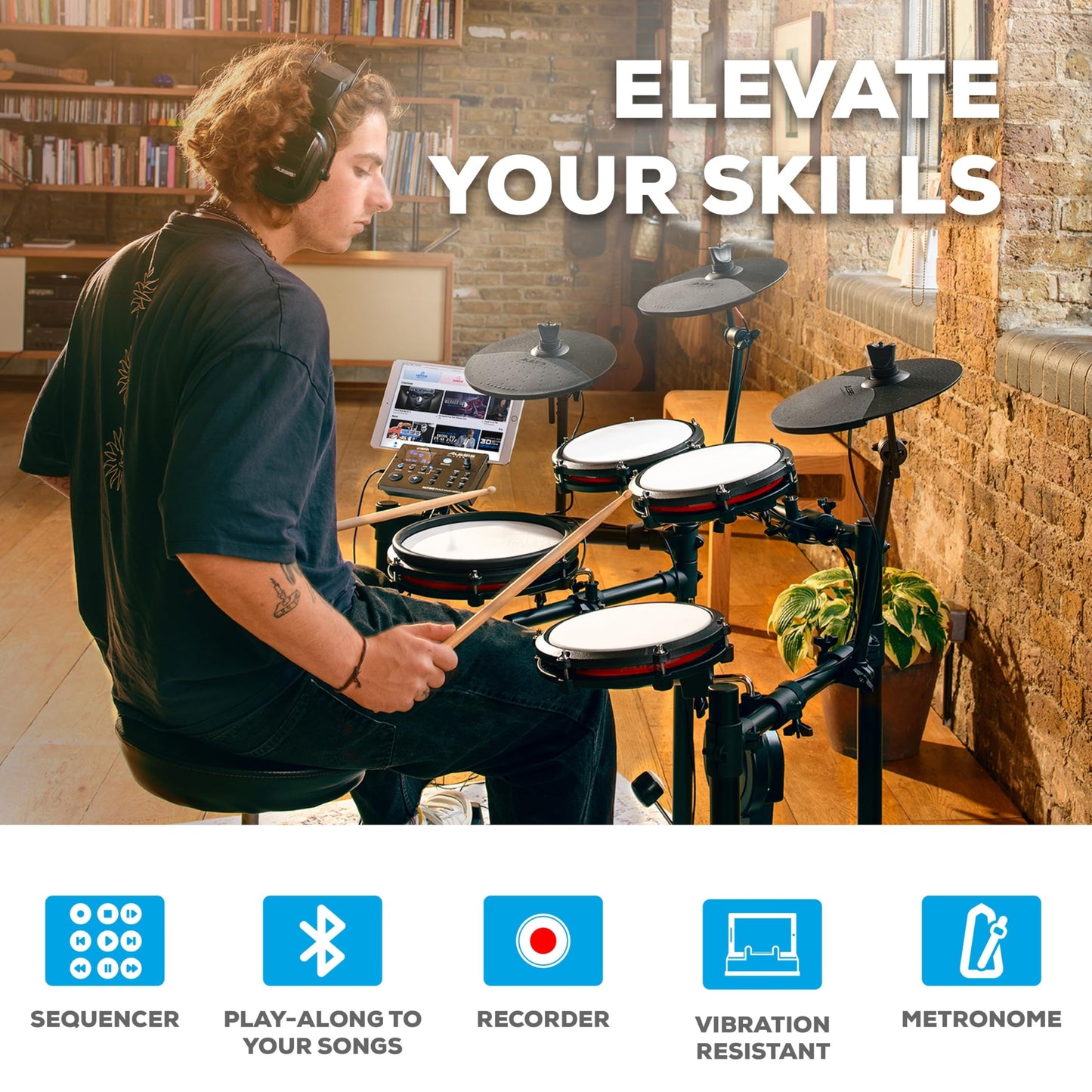 Alesis Nitro Max Kit Electric Drum Set with Quiet Mesh Pads, 10" Dual Zone Snare, Bluetooth, 440+ Authentic Sounds, Drumeo, USB MIDI, Kick Pedal