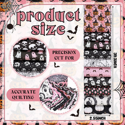 Hosuly 40 Pcs Pink Halloween Fabric Vintage Pumpkin Crow Skull Ghost Spiderweb Quilting Fabric Patchwork Roll Halloween Quilting Strips 2.55 Inch Precut for Sewing Material DIY Crafts