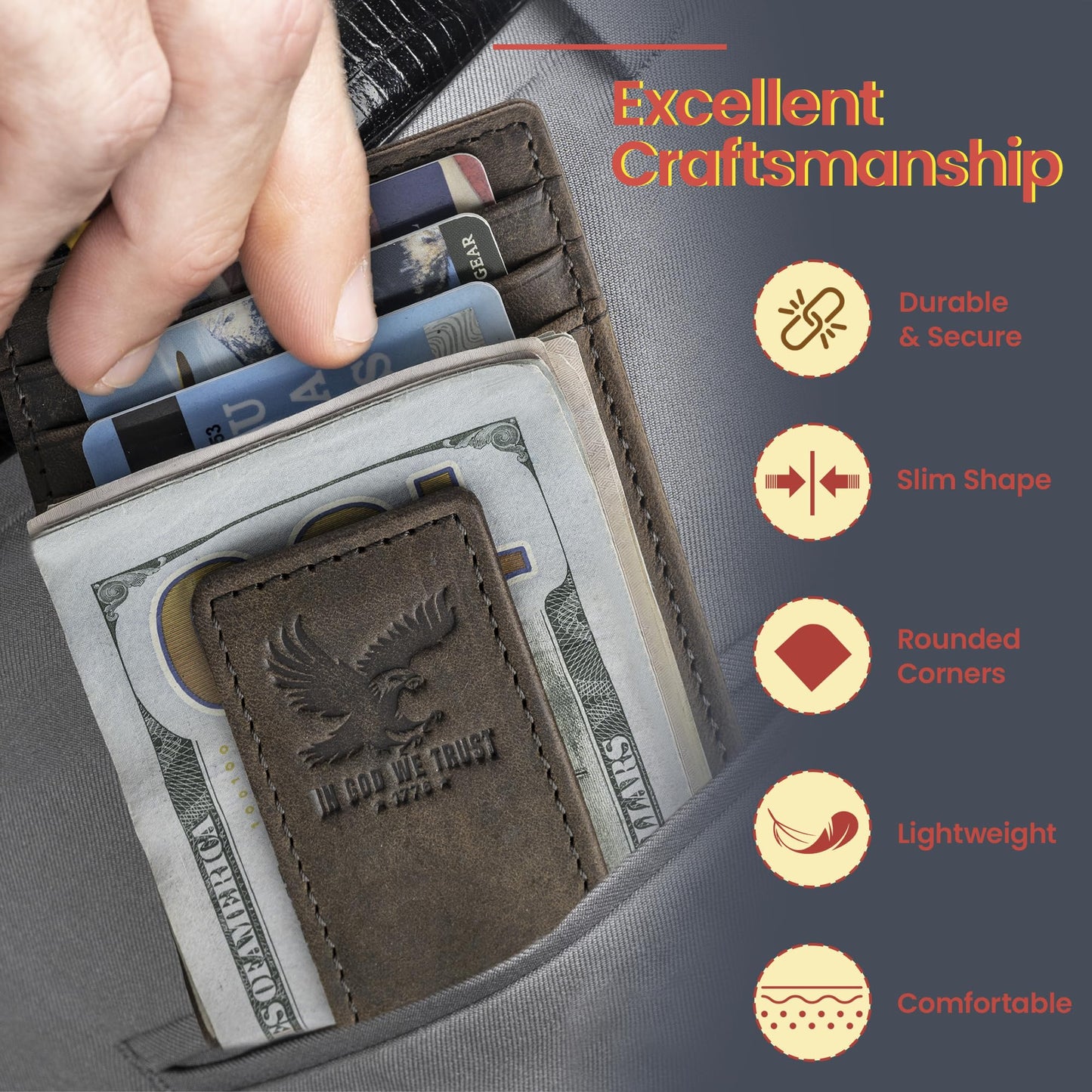 BULL GUARD RFID Magnetic Money Clip Men's Wallet Crafted from Genuine Leather, Slim Front Pocket Minimalist Card Case With 4 Credit Card Slots, ID and Middle Pocket