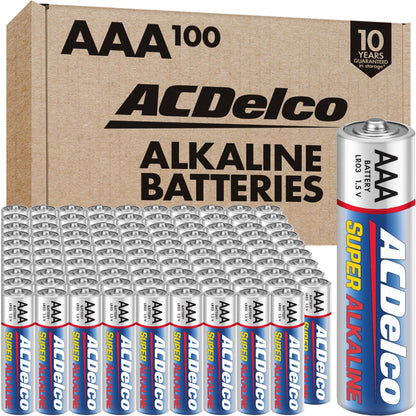 ACDelco 100-Count Triple AAA Batteries, Maximum Power Super Alkaline Battery, 10-Year Shelf Life, Reclosable Packaging