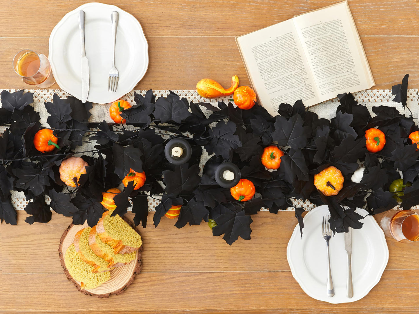 AWARDSEN 13 FT Black Garland Halloween 2pcs Artificial Black Maple Leaf Garlands Fall Leaves Vines for Autumn Thankgiving Halloween Decoration for Home