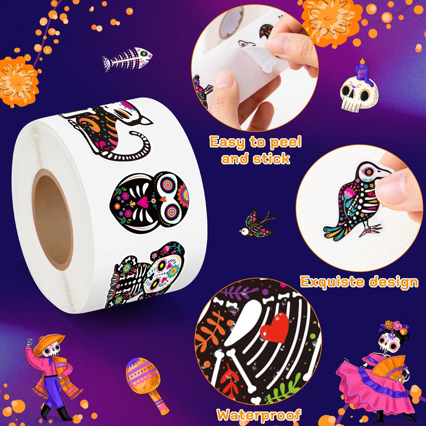 BeYumi Skeleton Animal Roll Stickers - 1000Pcs Day of The Dead Skeleton Animal Stickers in 2 Rolls Dia de Los Muertos Decals for Kids Halloween Mexican Festival Party Supplies Goodie Bags Box Decor