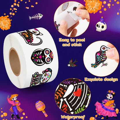 BeYumi Skeleton Animal Roll Stickers - 1000Pcs Day of The Dead Skeleton Animal Stickers in 2 Rolls Dia de Los Muertos Decals for Kids Halloween Mexican Festival Party Supplies Goodie Bags Box Decor