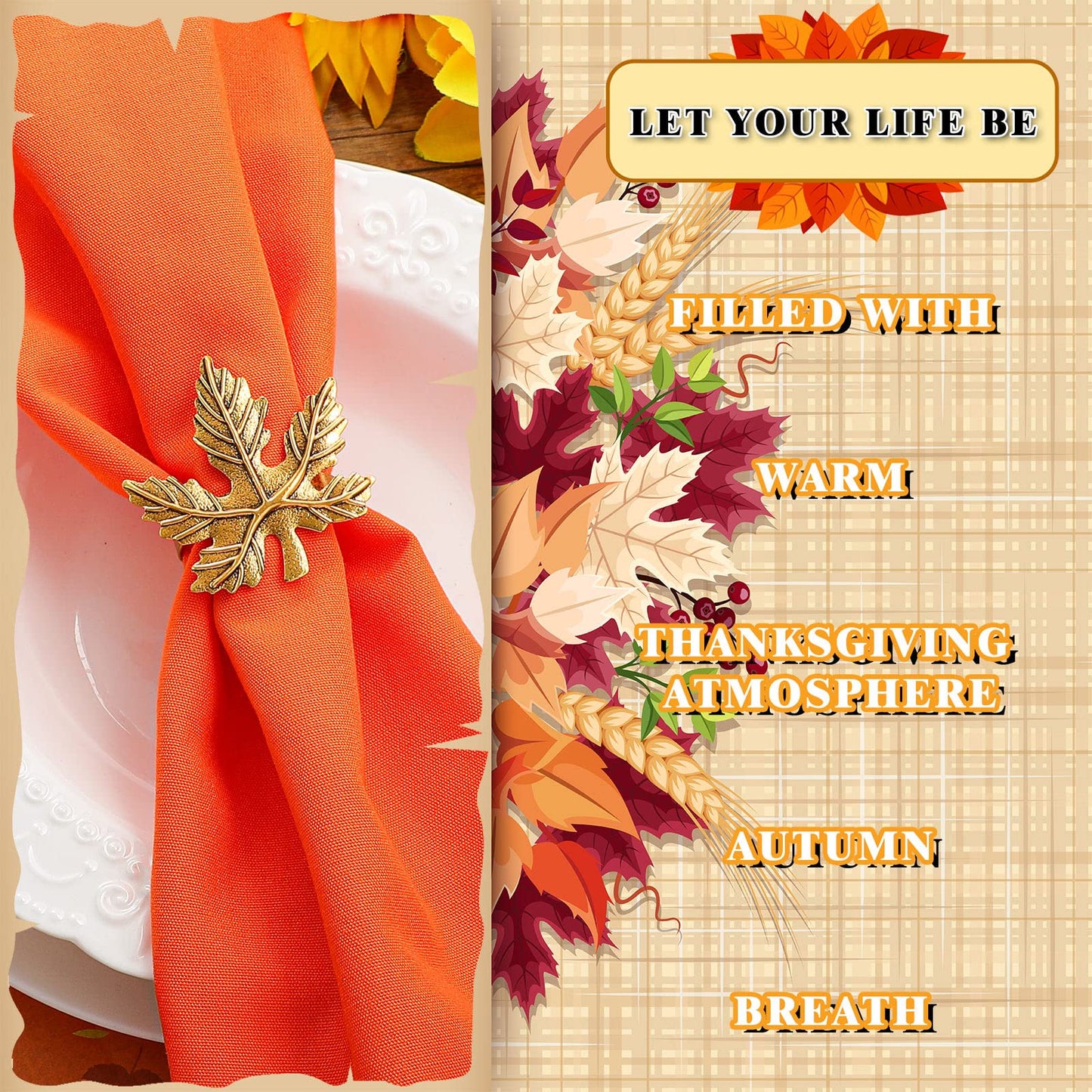 WILLBOND 12 Pcs Thanksgiving Napkin Rings Set Thanksgiving Pumpkin Leaf Themed Holders Fall Napkin Rings Alloy Design Holder Buckle for Halloween Home Party Table Decor Wedding Supplies (Golden)
