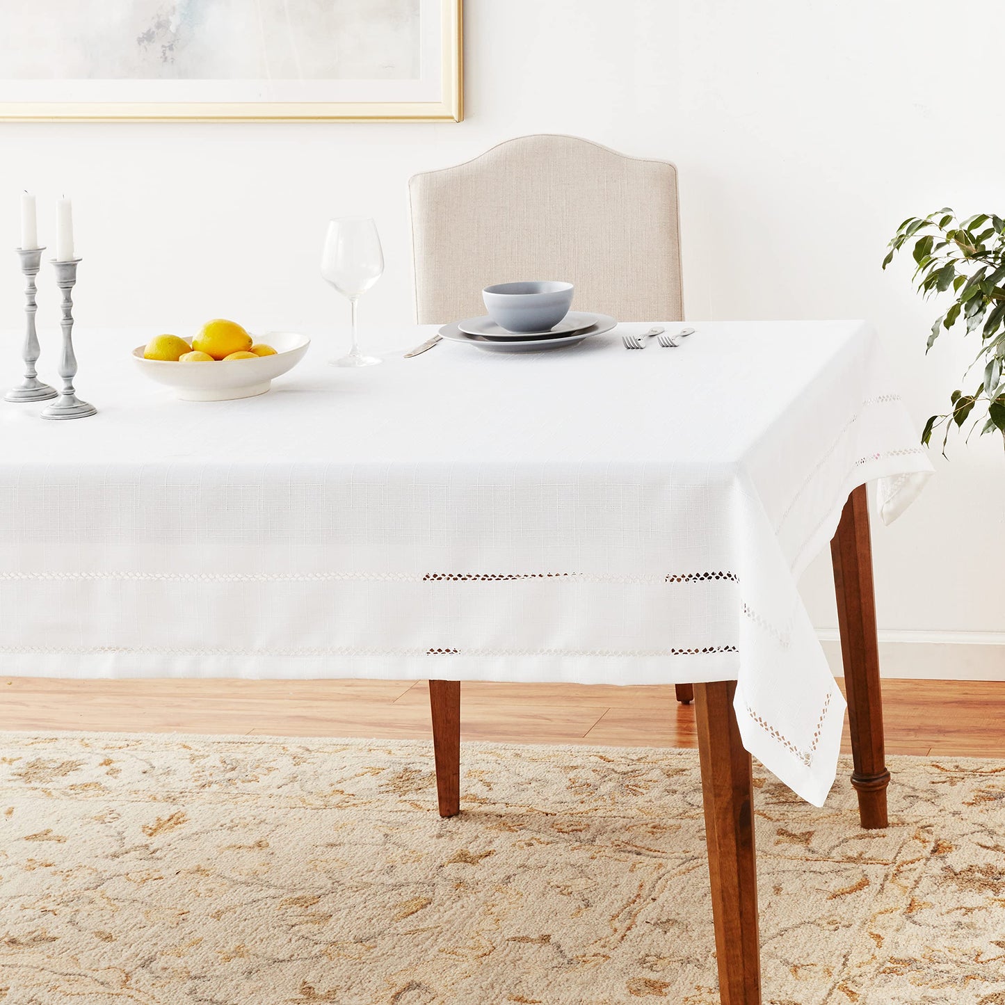 Hem Stitch Embroidered Vintage Design Tablecloth White 60" by 84" Oblong/Rectangle