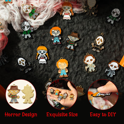 7ilaewen 28Pcs Horror Classic Movie Character Charms Halloween Enamel Pendants, Horror Ghost Dangle Halloween Scary Earring Necklace Bracelet Charms for Jewelry Making DIY Crafts Gifts
