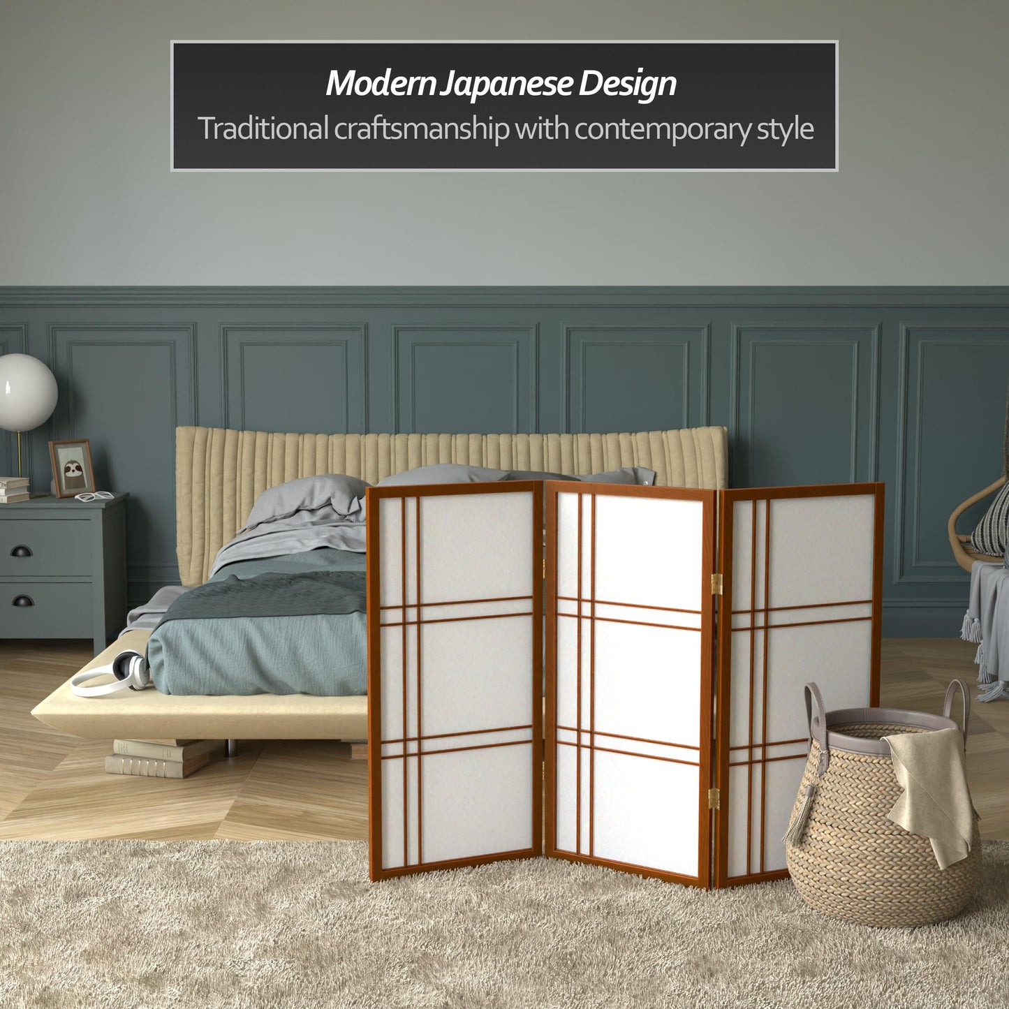 3 ft. Short Double Cross Shoji Screen - Walnut - 3 Panels