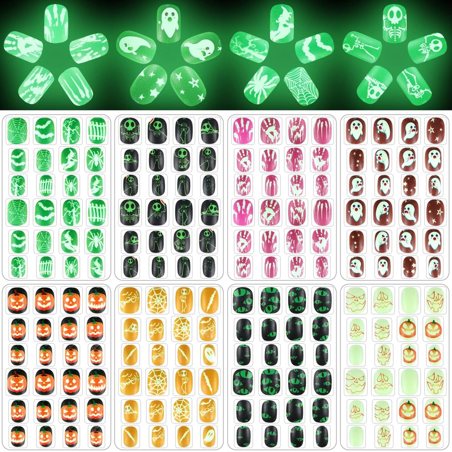 JANYUN Halloween Luminous Kids Fake Nails, 192 PcsGlowing Short Glow in Dark False Nails with Pumpkin Spider Bat for Girls Nail Art Party Decoration (Halloween Luminous)