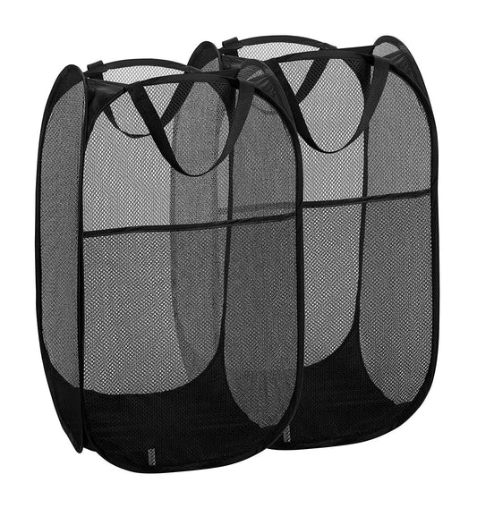 Buenod 2 Packs Mesh Pop up Laundry Hamper (Black) with Portable Handles, Collapsible for Storage, Foldable Pop-Up Laundry Bags for Kids Room, College Dorm or Travel