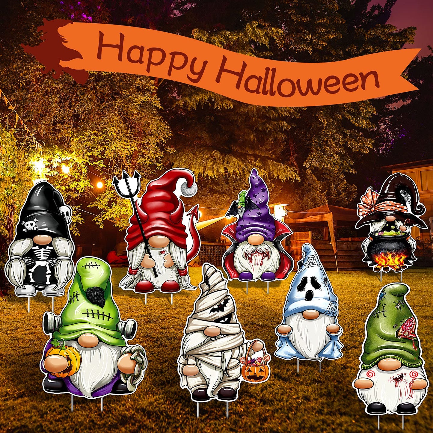 Blulu 8 Pieces Cute Gnomes Halloween Yard Sign - Large Outdoor Decorative Stake Signs for Garden Lawn Decoration - Waterproof Corrugate