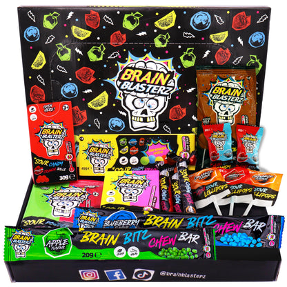 Brain Blasterz TREAT Sour Candy Variety Pack, Vegan Candy, Sour Chew Bar, Halal Candy, Sour Candy Gift Box w/ 15 pcs (13oz), Unique Candy Variety Pack, Lollipop, Sour Powder, Taffy, Halloween Candy