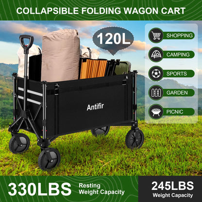 Antifir Collapsible Wagon Carts,Folding Wagon Cart with All Terrain Wheels,Heavy Duty Garden Carts with Adjustable Handle,Outdoor Utility Wagon for Camping Shopping Sports Fishing (Black)