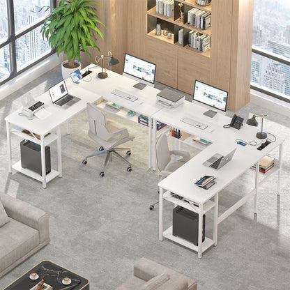 Hyomdeck Reversible L Shaped Gaming Desk with Power Outlets and USB Charging Ports, Sturdy Computer Desks with Storage Shelf, Modern Corner Desk Home Office Table, Easy to Assemble, White