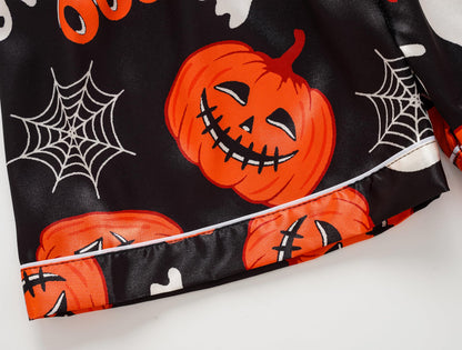 Hupohoi Unisex Girls Boys Kids Pajama Sets Button Down Satin Sleepwear Nighty 3PCS Silky Lounge Sets Nightwear Short Sleeve Long Pants, 3pcs-Pumpkin, 10