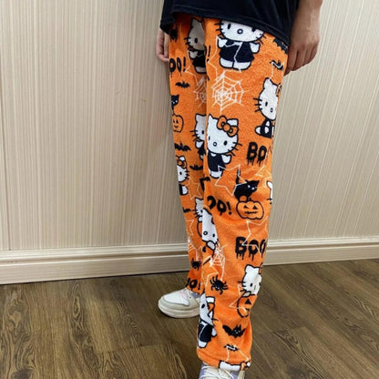 BIUGNVW Anime Women's Cartoon Family Flannel Pajama Pants - Kawaii Halloween Orange XX-Large
