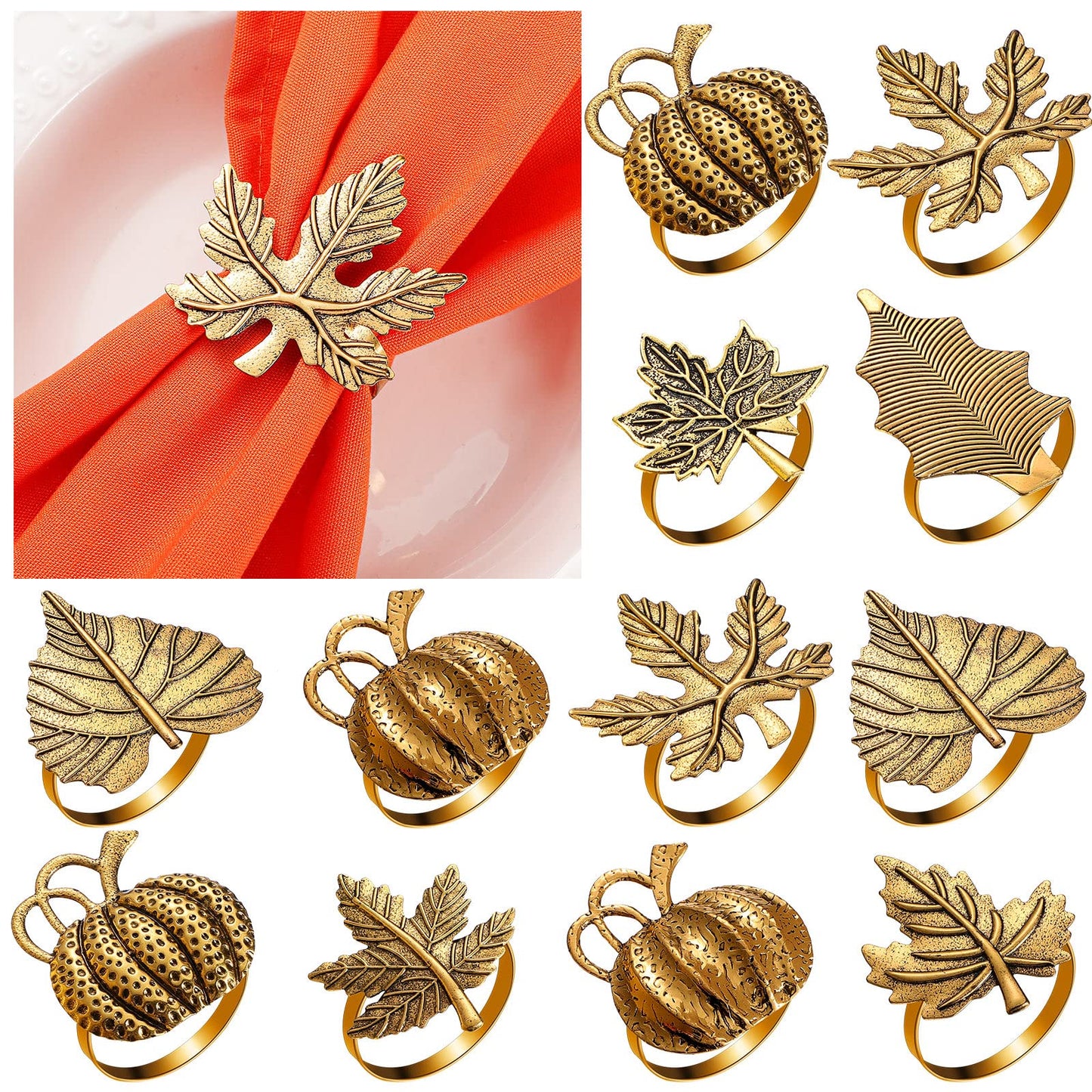 WILLBOND 12 Pcs Thanksgiving Napkin Rings Set Thanksgiving Pumpkin Leaf Themed Holders Fall Napkin Rings Alloy Design Holder Buckle for Halloween Home Party Table Decor Wedding Supplies (Golden)