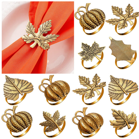 WILLBOND 12 Pcs Thanksgiving Napkin Rings Set Thanksgiving Pumpkin Leaf Themed Holders Fall Napkin Rings Alloy Design Holder Buckle for Halloween Home Party Table Decor Wedding Supplies (Golden)