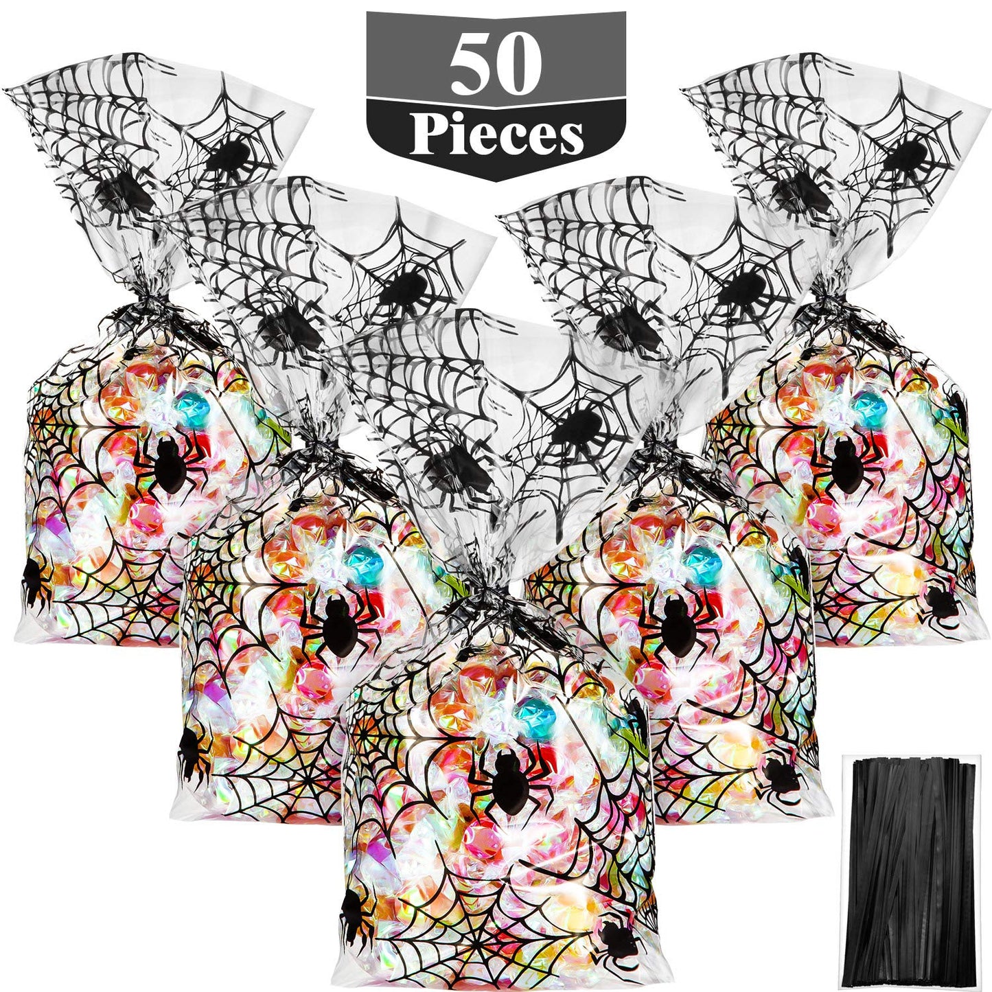 HESTYA 50 Counts 15 x 25 cm Halloween Cellophane Treat Bags Spider Clear Candy Bags with 400 Piece Twist Ties for Halloween Party Favor Supplies