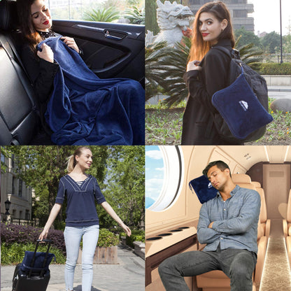 BlueHills Premium Soft Travel Blanket Pillow Airplane Blanket Packed in Soft Bag Pillowcase with Hand Luggage Belt Compact Pack Large Long Flight Essentials Portable Navy Blue T002
