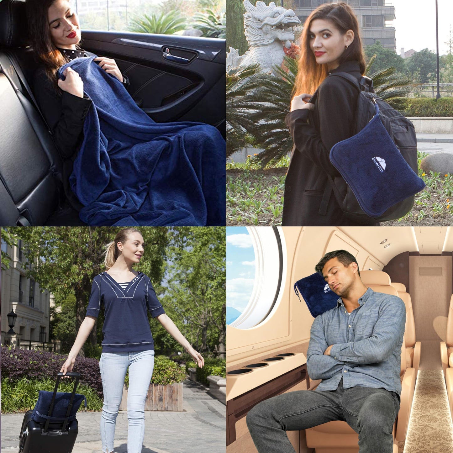 BlueHills Premium Soft Travel Blanket Pillow Airplane Blanket Packed in Soft Bag Pillowcase with Hand Luggage Belt Compact Pack Large Long Flight Essentials Portable Navy Blue T002