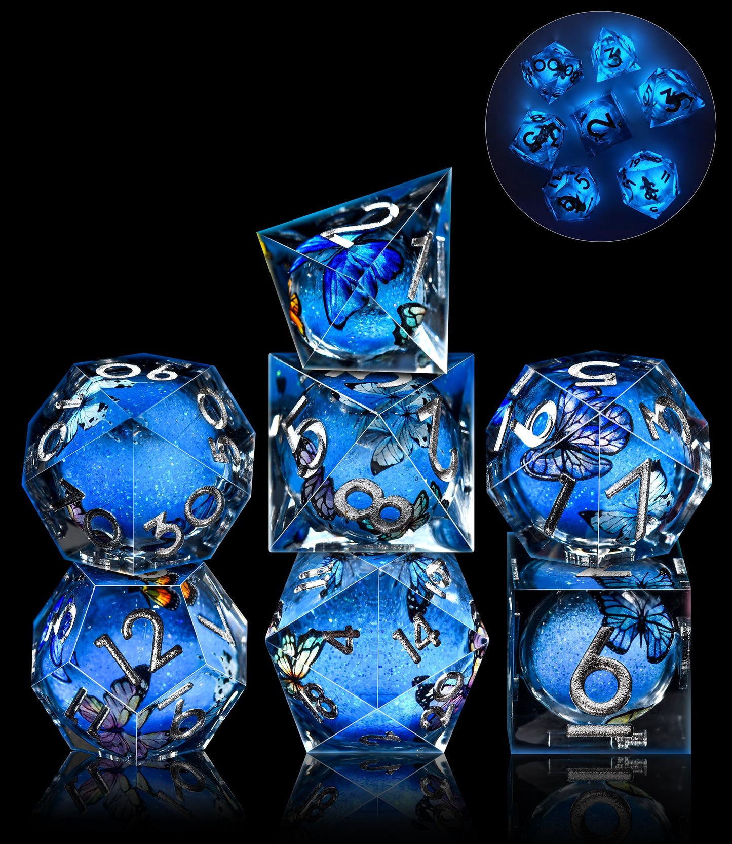 AUSTOR Liquid Core Butterfly Resin DND Dice Set, 7-Die Glow in The Dark Dice Sharp Edge Polyhedral Dice Luminous Dice Role Playing Dice for Dungeons and Dragons RPG MTG Table Games