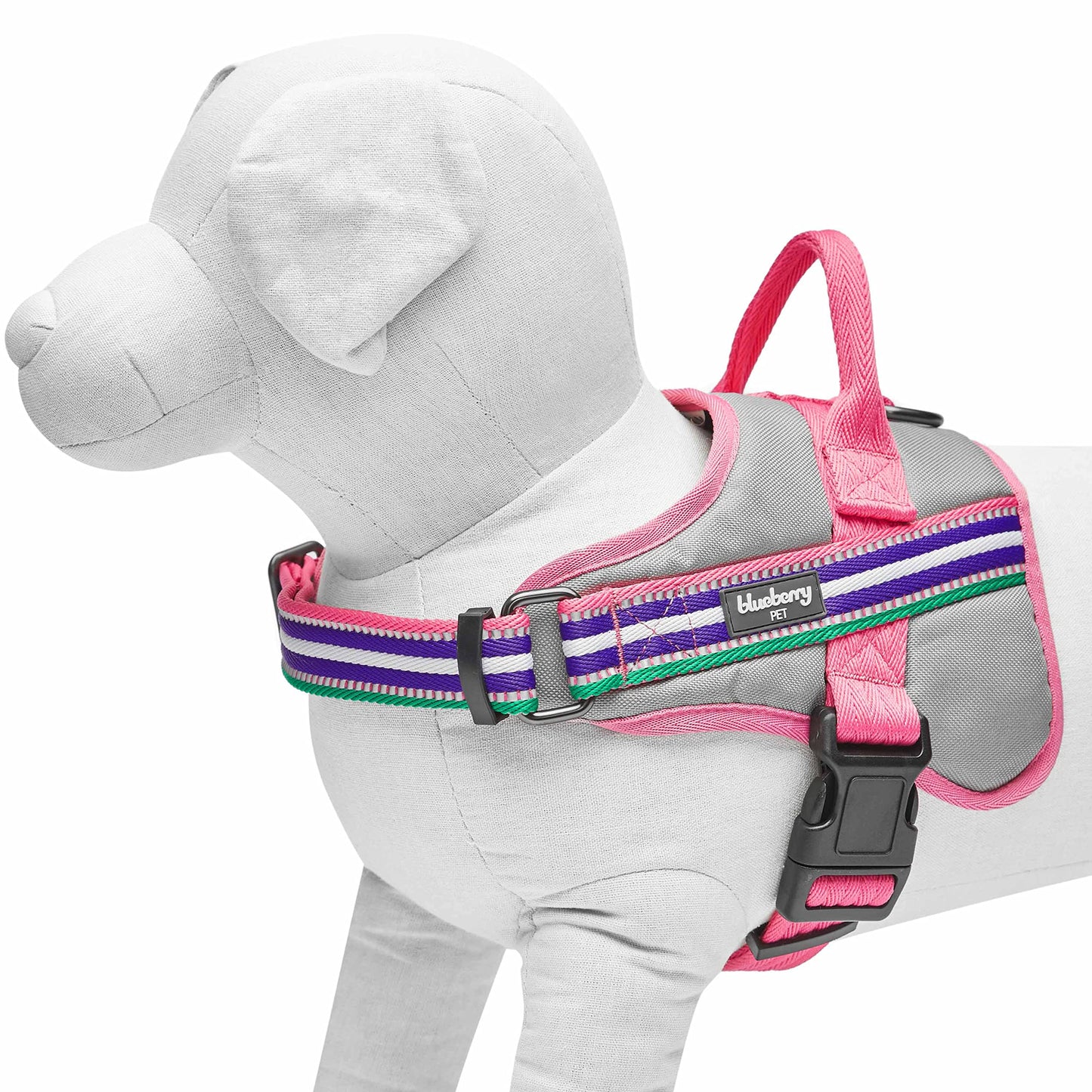 Blueberry Pet Soft 3M Reflective Dog Harness Vest | Mesh Padded No-Pull Harness with Back Clips | Multicolor Stripe in Pink, Emerald and Orchid| Adjustable for Large Dogs